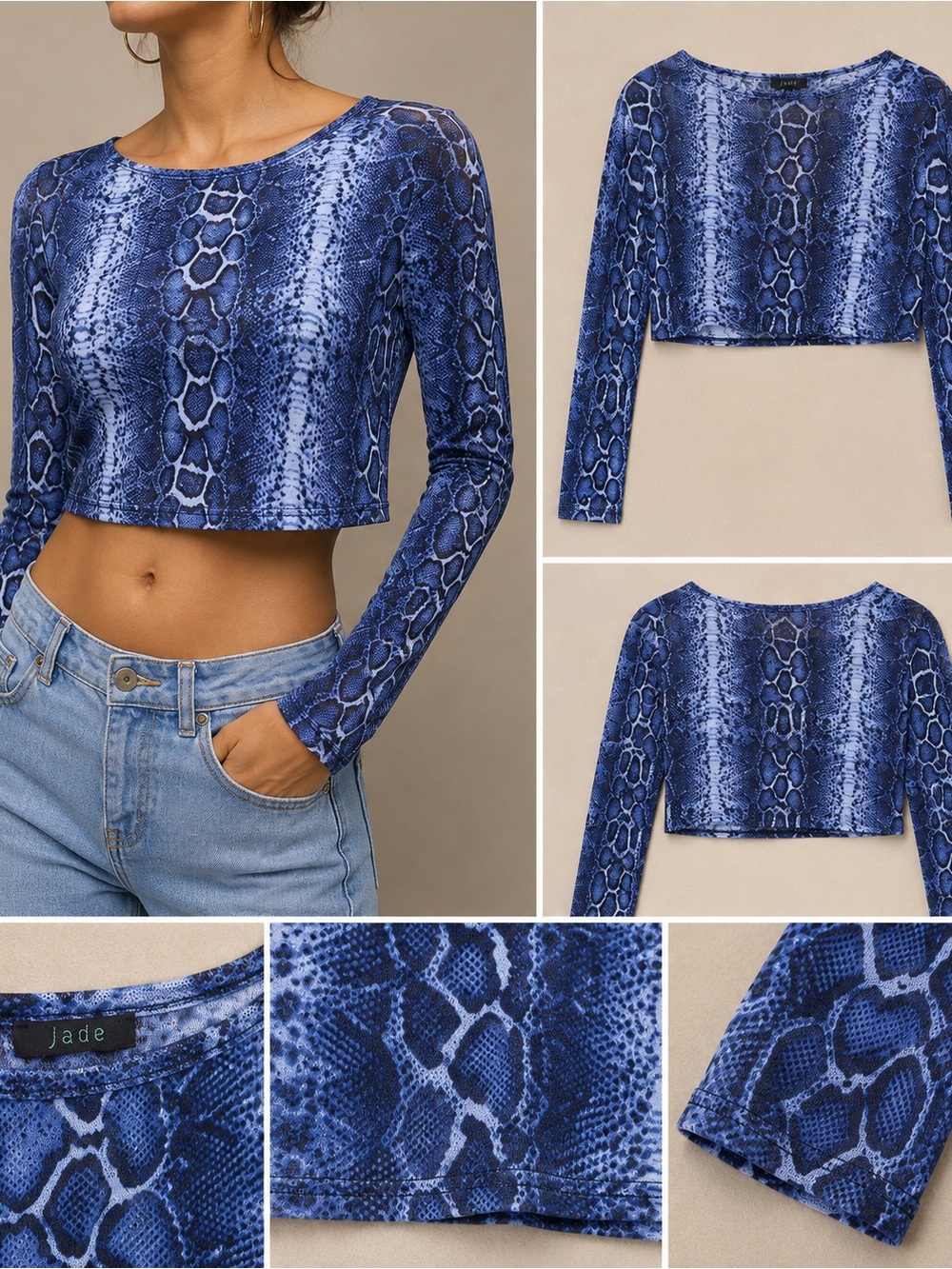 Jade Snake Print Cropped Mesh Going Out Rave Long Sleeve Top Blue Size Small